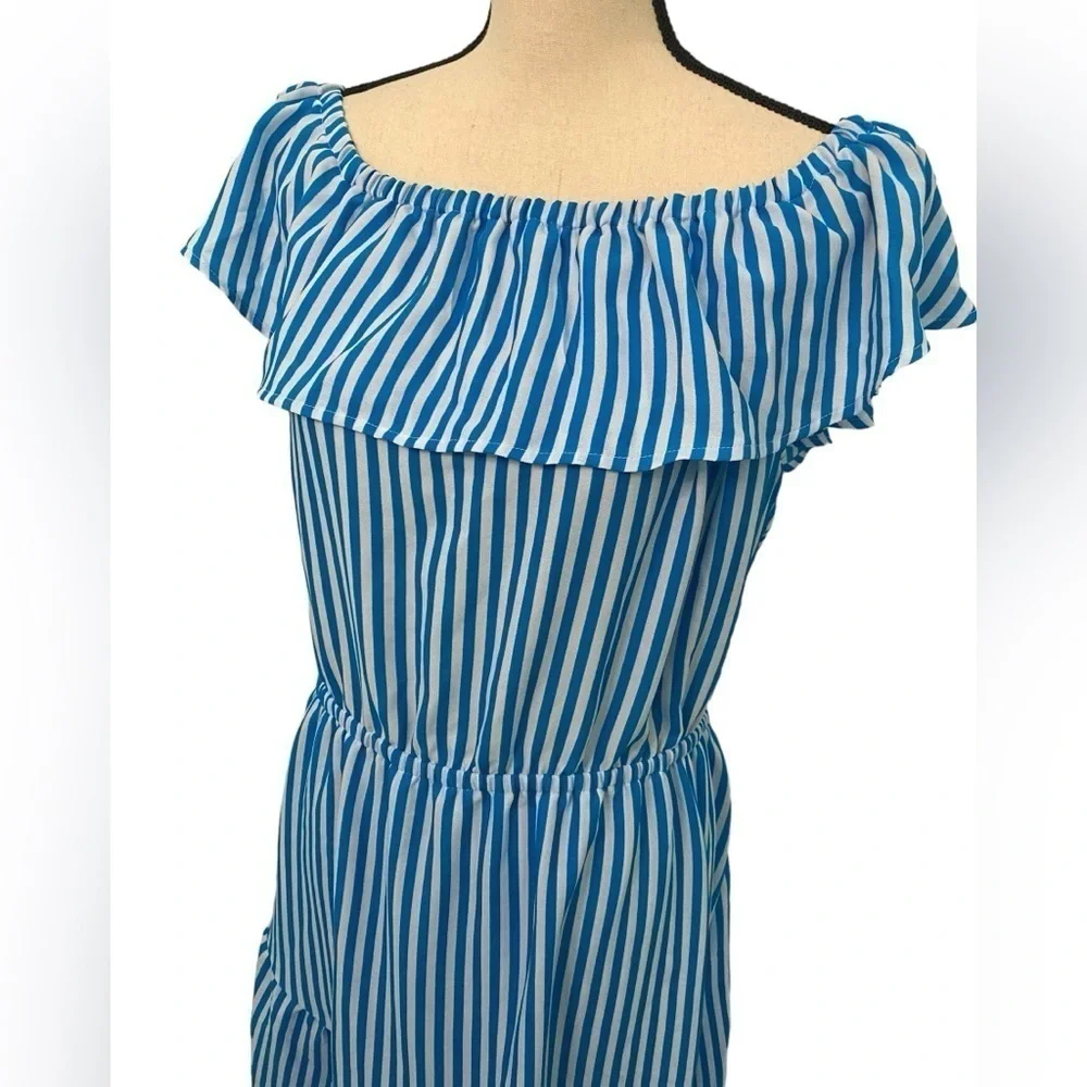 Tommy Bahama Blue White Striped Palm Party Off-the-shoulder Midi Dress Size XL - Picture 3 of 13